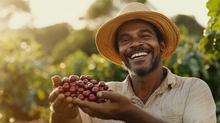 A happy farmer in a straw hat presents a handful of freshly picked cherries against a scenic outdoor backdrop, conveying generosity and abundance in agriculture.