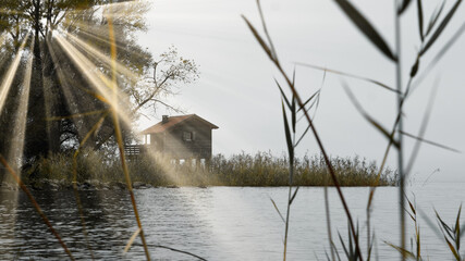 Tiny house by the lake in shot in an early morning with sunrays striking towards the weter. © ELVIE LINS