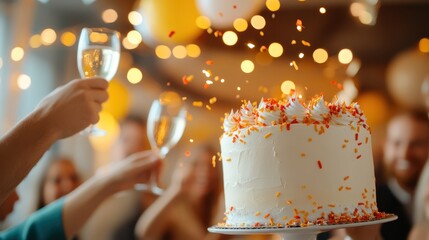 Glasses clink in a joyous toast at a festive gathering, with a beautifully decorated cake as the centerpiece, signifying celebration and camaraderie.