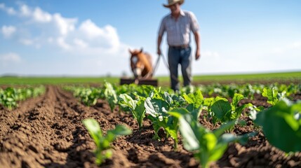 In a lush green field, a farmer guides a horse pulling a plow. The scene captures traditional farming practices amidst fresh, thriving plants and open skies.