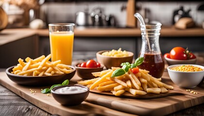 Appetizing French Fries on a Wooden Cutting Board