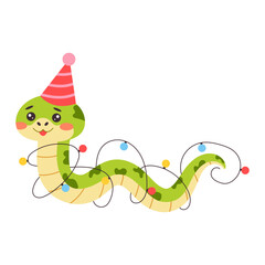 Сute snake in a holiday cap and with a Christmas garland. New year symbol. Vector illustration.