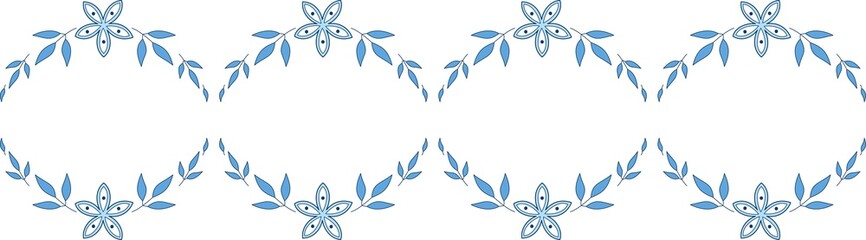 Blue leaves and flowers design border. Romantic vintage isolated vector illustration on transparent background. Cute summer wedding decor. Pattern for printing, embroidery, tattoo, etc.