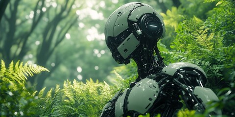 a technology robotic tree, in the middle of a lush forest, wide angle shot