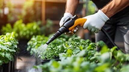 Obraz premium Hands in gloves using a modern hose to water healthy green plants, illustrating the synergy of technology and nature in contemporary gardening.