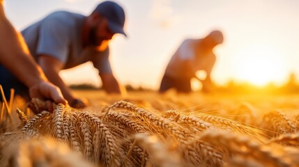 At the golden hour, farmers bend over wheat fields, harvesting with precision and teamwork, reflecting dedication and the essence of traditional rural work.