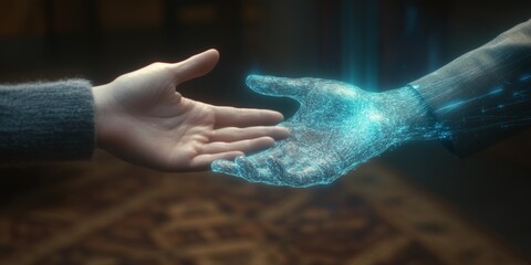 shot of a hand reaching out to a holographic handshake, which dissipates on contact 