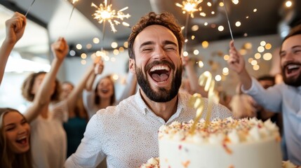Fototapeta premium An ecstatic man enjoys his birthday surrounded by laughing friends and sparklers, highlighting cherished moments filled with joy, unity, and celebration.