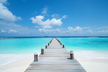 Fototapeta premium Wooden pier leading to the ocean with a white sand beach and turquoise water on a tropical island. Ample space for text.
