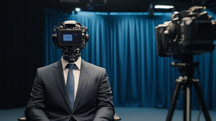 A robot dressed in a suit sitting as a news anchor in a broadcasting studio 