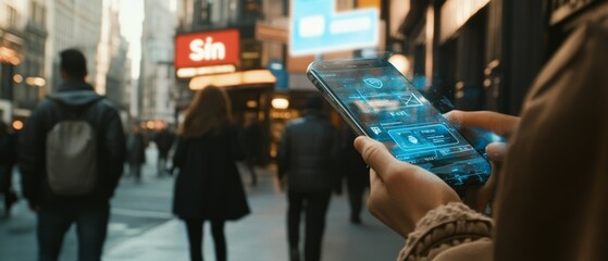 Obraz premium A scene of a person using a smartphone to make a digital payment in a bustling urban environment