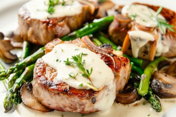 Cooked meat with creamy sauce sits on asparagus and mushrooms. Concept of an elegant and delicious meal. For food blogs or restaurant menus.