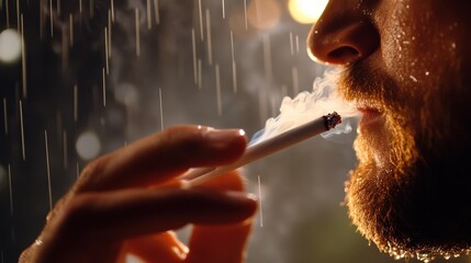 Fototapeta premium A close-up captures a man smoking in the rain, focusing on the interplay of water droplets and vivid colors, highlighting themes of solitude and contemplation.