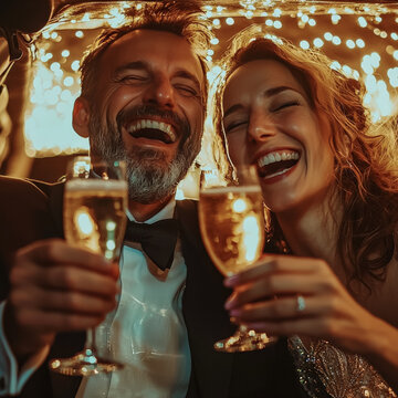 Pareja de hombre y mujer alegres brindando con unas copas de champ&aacute;n, vestidos de fiesta sobre fondo de una terraza soleada