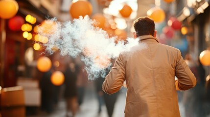 Obraz premium A man in a coat releases vapor into a lively street adorned with orange lanterns, highlighting urban vibrancy and modern lifestyle encounters.