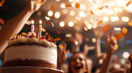 Naklejka premium A festive atmosphere featuring a delicious layered cake with lit candles, surrounded by jubilant confetti and a cheering crowd enjoying a birthday celebration.