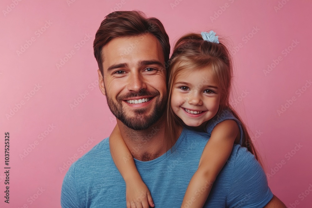 Wall mural happy european young father carrying his daughter piggyback and looking at free space, posing over p