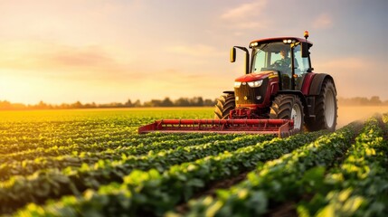 A vibrant red tractor operates in a lush green field at sunset, capturing the essence of agriculture with warm lighting and clear skies in a rural setting.