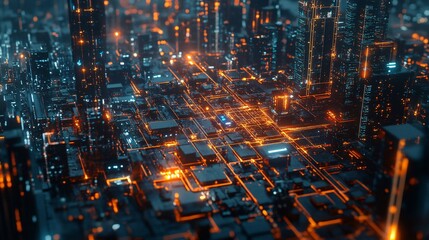 Futuristic city with glowing orange lines and towers.