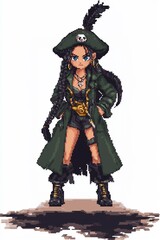 Naklejka premium Anime style pretty pirate girl captain with long black braided hair and black feather