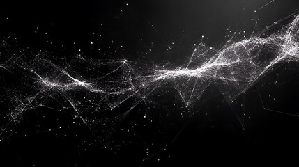 abstract white wire frame network on black background, dynamic digital connections and glowing particles, perfect for technology, data visualization, and futuristic design projects