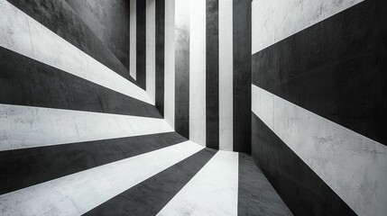 Fototapeta premium This image features a modern interior with bold black and white geometric stripes creating a dramatic visual effect. A minimalist design enhances the appeal.