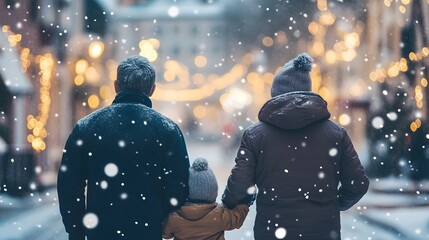 Family Walking Away From Camera In Snowy City At Night