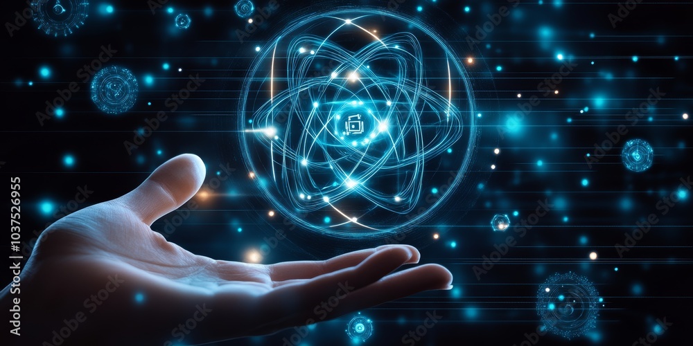 Wall mural a futuristic background with icons representing technology and science, above which is an atom symbo