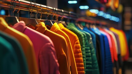 Diverse collection of vibrant jackets, emphasizing the variety of styles and colors available at this fashionable retail store, perfect for all seasons.