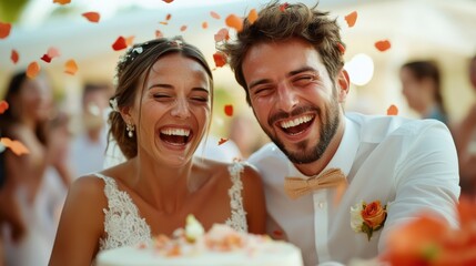A heartwarming scene of a newlywed couple celebrating together, smiling joyfully as they engage with their wedding cake, surrounded by falling petals symbolizing love.