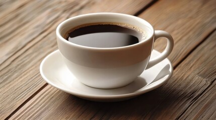 A simple yet elegant black coffee served in a white cup placed on a rustic wooden table, highlighting purity and authenticity in its minimalist presentation.