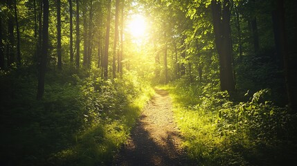 Naklejka premium Forest Path to Hope: A sunlit path weaves through a vibrant forest, offering a sense of tranquility and the promise of new beginnings.