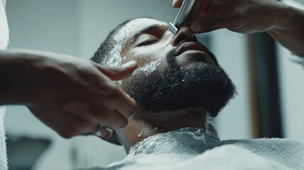 High angle of a cropped, unidentified African American barber in a modern barbershop shaving a bearded man's beard.