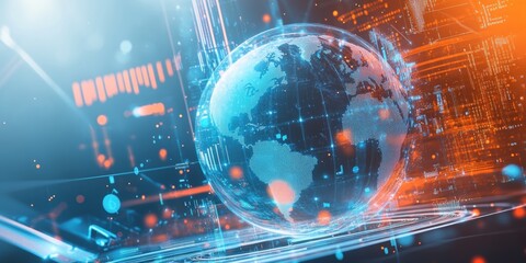 Obraz premium 3D illustration of the Earth, with icons representing business, technology, and digital marketing, Transparent glass, frosted texture, C4D modeling rendering, 