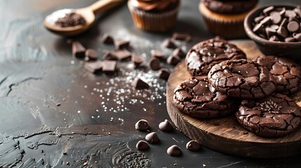 On a rustic table cacao cookies sight of chocolate chip cupcakes