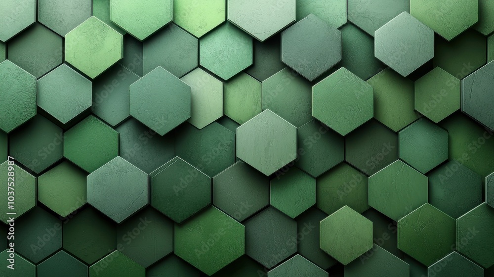 Wall mural a visually appealing arrangement of green hexagons creates depth and texture, suitable for modern de
