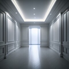 Fototapeta premium empty hall room featuring a blank light wall and white floor, illuminated by LED lights on top, provides a clean and versatile mockup space