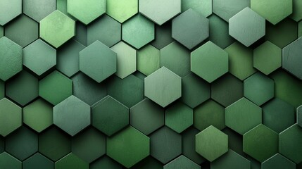 A visually appealing arrangement of green hexagons creates depth and texture, suitable for modern design projects. The geometric shapes form an abstract background.