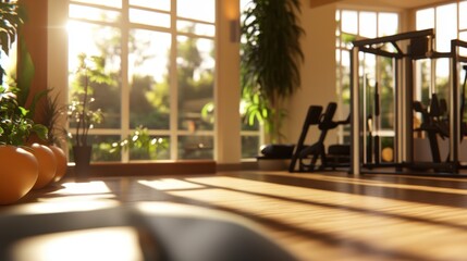 This open and sunlit gym space has exercise machines with a view of vibrant greenery, promoting...