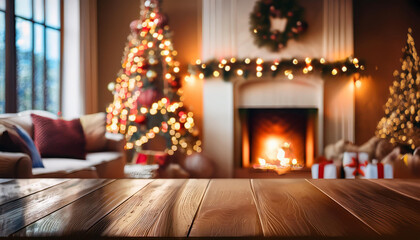 Festive living room with a beautifully lit Christmas tree and warm fireplace in the background. The empty wooden tabletop in the foreground offers a perfect space for product placement holiday-themed.