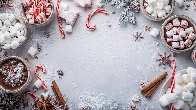 Warm Winter Wonderland: A festive arrangement of hot chocolate, marshmallows, candy canes, cinnamon sticks, and snowy pine branches creates a delightful holiday border.