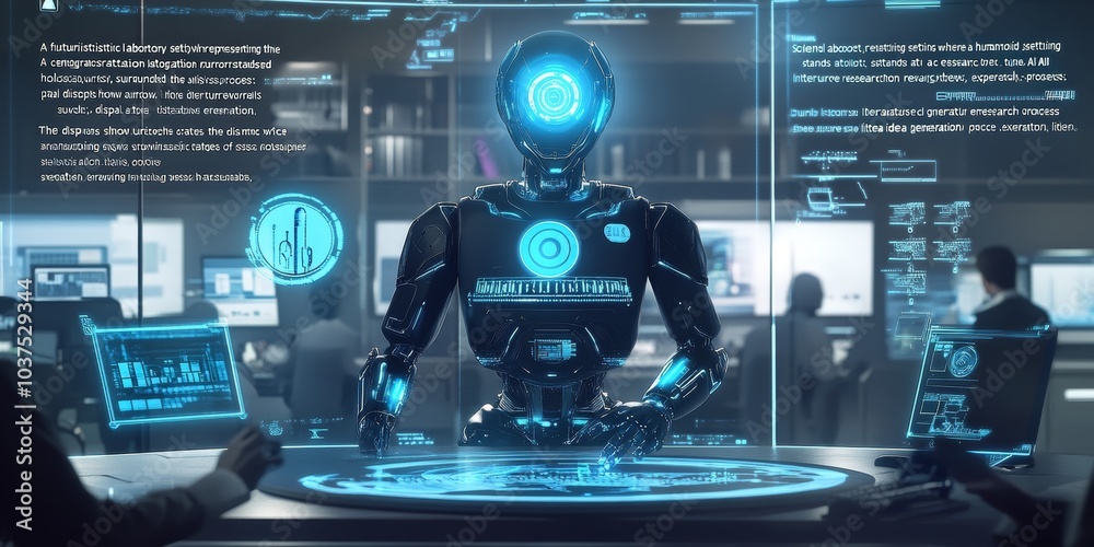 Wall mural a futuristic laboratory setting where a humanoid robot, representing the ai scientist, stands at a c