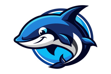 A blue vector illustration shows a cute dolphin and shark silhouette swimming in the sea