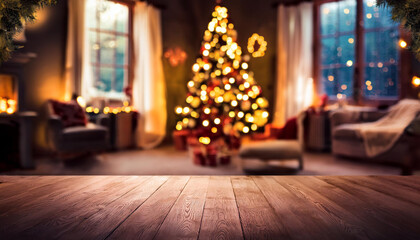 A cozy, festive living room with a lit Christmas tree and warm fireplace in the background. The empty wooden tabletop in the foreground offers a space for product placement or holiday-themed displays.