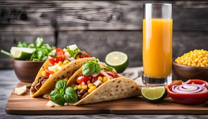 Delicious Tacos with Toppings and a Glass of Juice