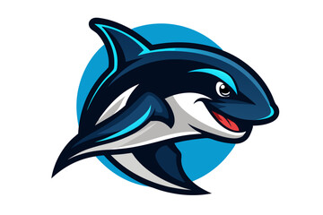 A blue vector illustration shows a cartoon dolphin, a marine mammal, swimming in the sea, isolated like a silhouette against white, unlike a shark