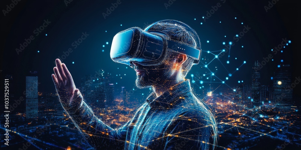 Wall mural creating a virtual reality technology background that combines digital imagery and 3d elements, show