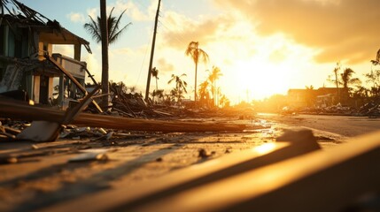 Obraz premium Sunset over a street littered with debris, where palm trees stand silhouetted against the orange glow. A poignant image of destruction and natural disaster aftermath.