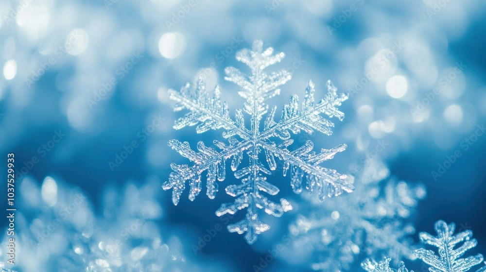 Poster Delicate snowflakes shimmer in the light, creating an enchanting winter scene with a captivating blue background. Generative AI