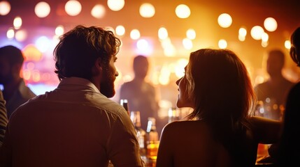 A couple sits at a bar, engaging in a close conversation under the warm light, amidst a lively public setting, sharing a moment of genuine connection and comfort.